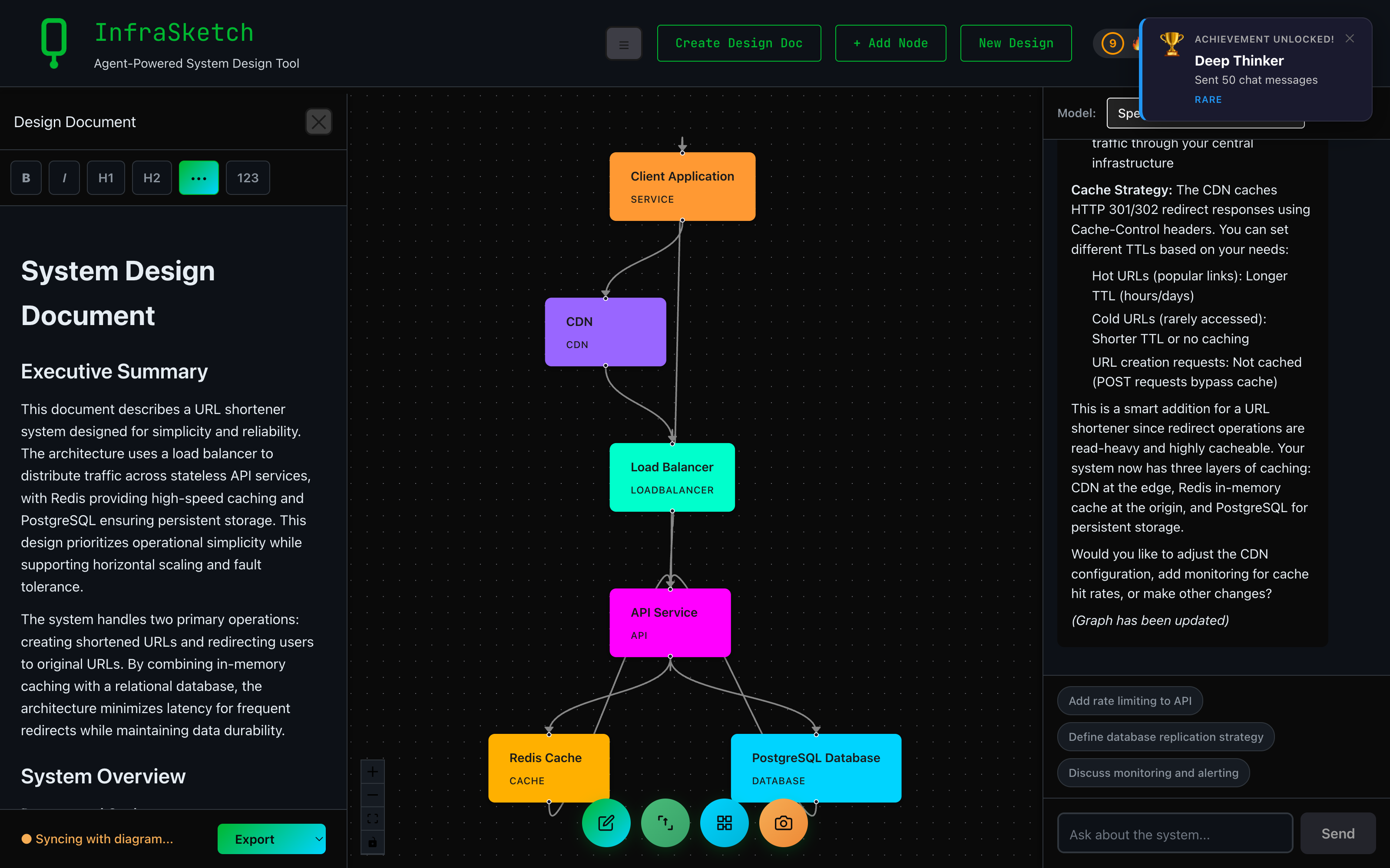 Design doc auto-syncing with diagram in InfraSketch — sync indicator visible