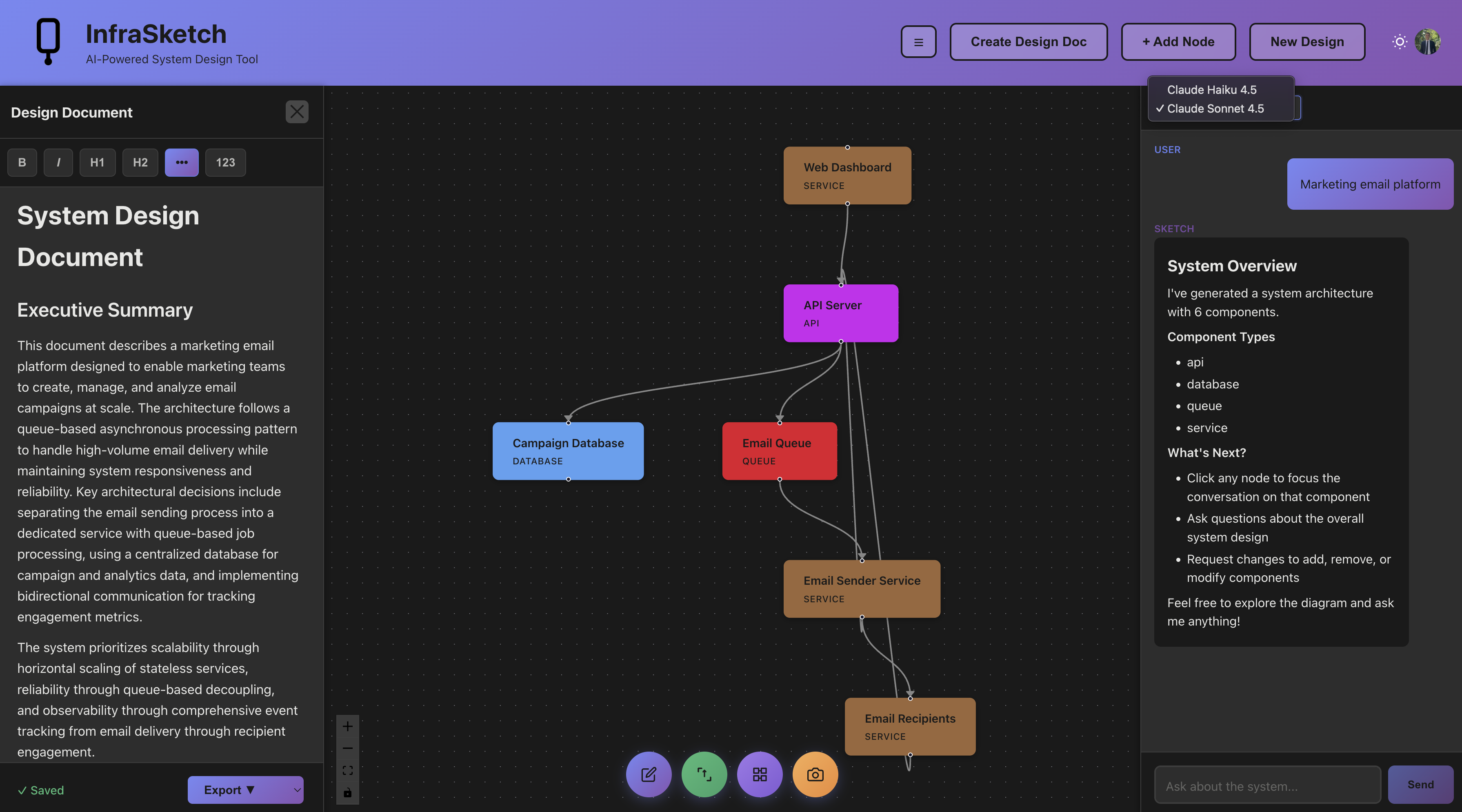 Email platform with model selector