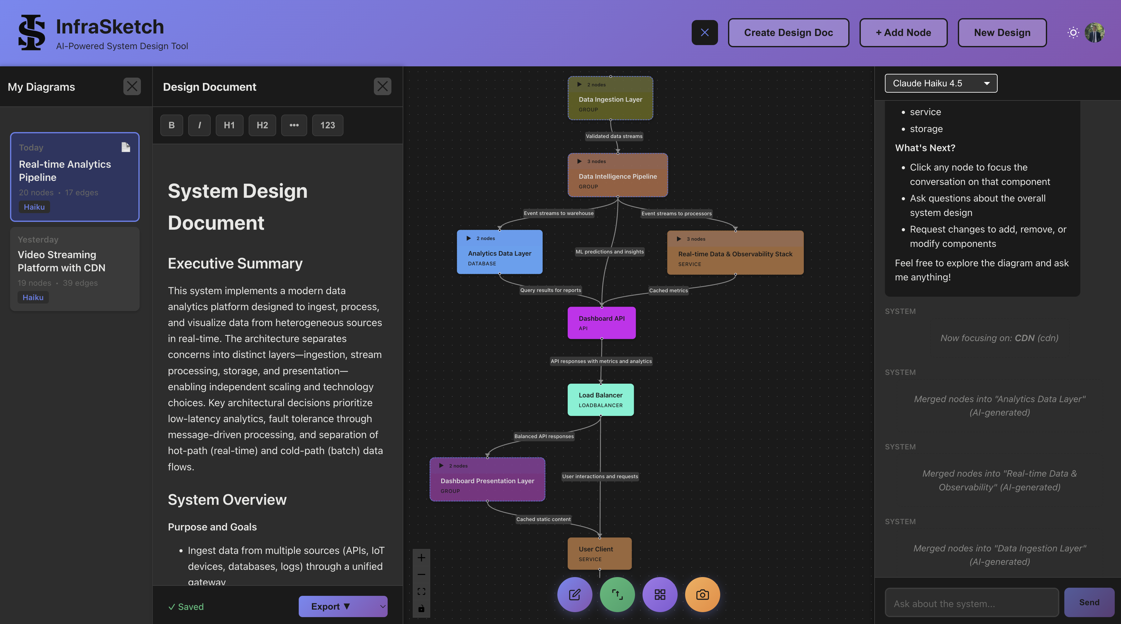 Full application with session history, design doc, and diagram
